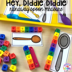 Hey Diddle Diddle measure! Favorite Nursery Rhyme activities and centers for preschool, pre-k, and kindergarten. #nurseryrhymes #preschool #prek #kindergarten