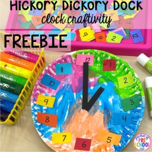 Hickory Dickory Dock clock FREEBIE! Favorite Nursery Rhyme activities and centers for preschool, pre-k, and kindergarten. #nurseryrhymes #preschool #prek #kindergarten