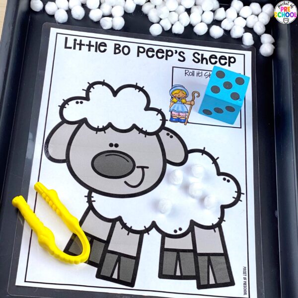 Nursery Rhymes roll and count activity plus 15 more nursery rhyme activities for your preschool, pre-k, and kindergarten students.
