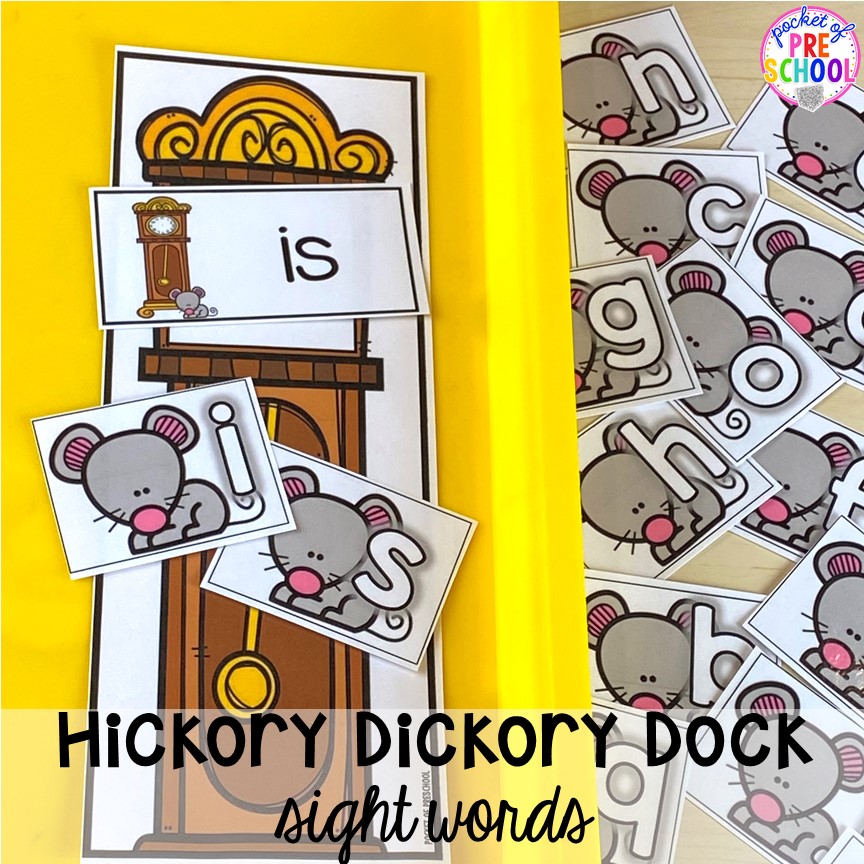 Hickory Dickory Dock sight word or letter game! Favorite Nursery Rhyme activities and centers for preschool, pre-k, and kindergarten. #nurseryrhymes #preschool #prek #kindergarten