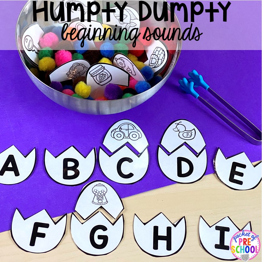 Humpty Dumpty egg sound game! Favorite Nursery Rhyme activities and centers for preschool, pre-k, and kindergarten. #nurseryrhymes #preschool #prek #kindergarten