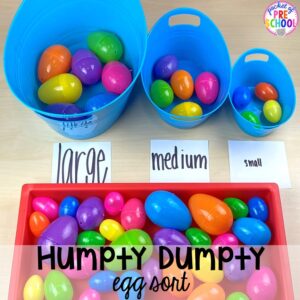 Humpty Dumpty egg size sort! Favorite Nursery Rhyme activities and centers for preschool, pre-k, and kindergarten. #nurseryrhymes #preschool #prek #kindergarten