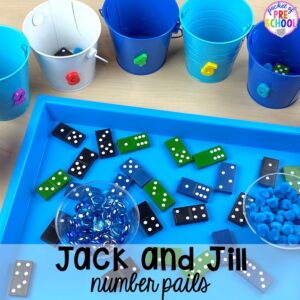 Jack and Jill number pails game ! Favorite Nursery Rhyme activities and centers for preschool, pre-k, and kindergarten. #nurseryrhymes #preschool #prek #kindergarten
