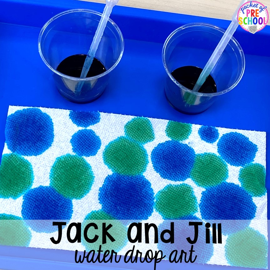 Jack and Jill water drop art! Favorite Nursery Rhyme activities and centers for preschool, pre-k, and kindergarten. #nurseryrhymes #preschool #prek #kindergarten