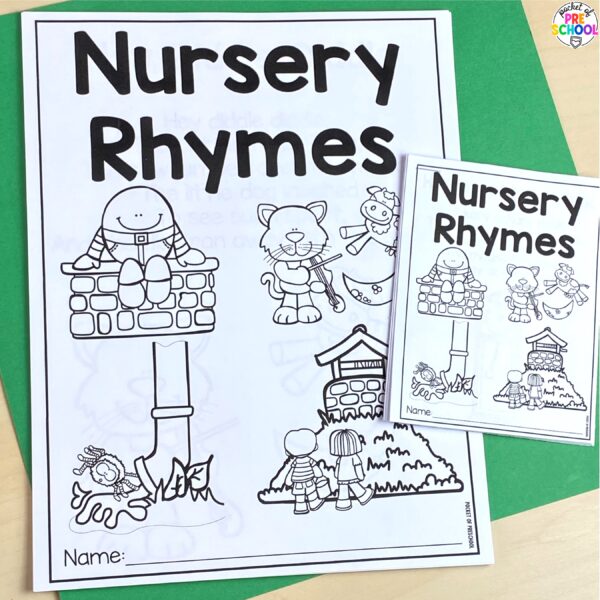 14 Nursery Rhyme poems, covers, and sequencing worksheets plus 15 more nursery rhyme activities for your preschool, pre-k, and kindergarten students.