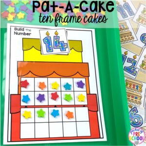 Pat-A-Cake ten frame counting game! Favorite Nursery Rhyme activities and centers for preschool, pre-k, and kindergarten. #nurseryrhymes #preschool #prek #kindergarten