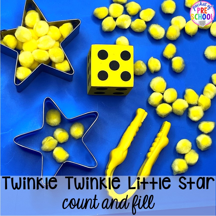 Twinkle Twinkle count and fill math game! Favorite Nursery Rhyme activities and centers for preschool, pre-k, and kindergarten. #nurseryrhymes #preschool #prek #kindergarten
