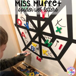 Miss Muffet spider web letters! Favorite Nursery Rhyme activities and centers for preschool, pre-k, and kindergarten. #nurseryrhymes #preschool #prek #kindergarten