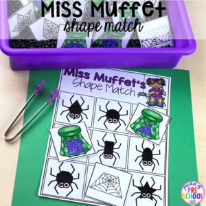 Miss Muffet shape match! Favorite Nursery Rhyme activities and centers for preschool, pre-k, and kindergarten. #nurseryrhymes #preschool #prek #kindergarten