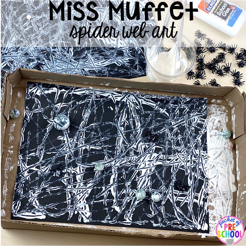 Miss Muffet spider web art! Favorite Nursery Rhyme activities and centers for preschool, pre-k, and kindergarten. #nurseryrhymes #preschool #prek #kindergarten