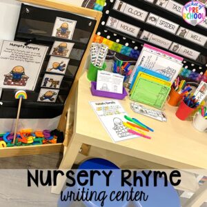 Nursery Rhyme writing center! Favorite Nursery Rhyme activities and centers for preschool, pre-k, and kindergarten. #nurseryrhymes #preschool #prek #kindergarten