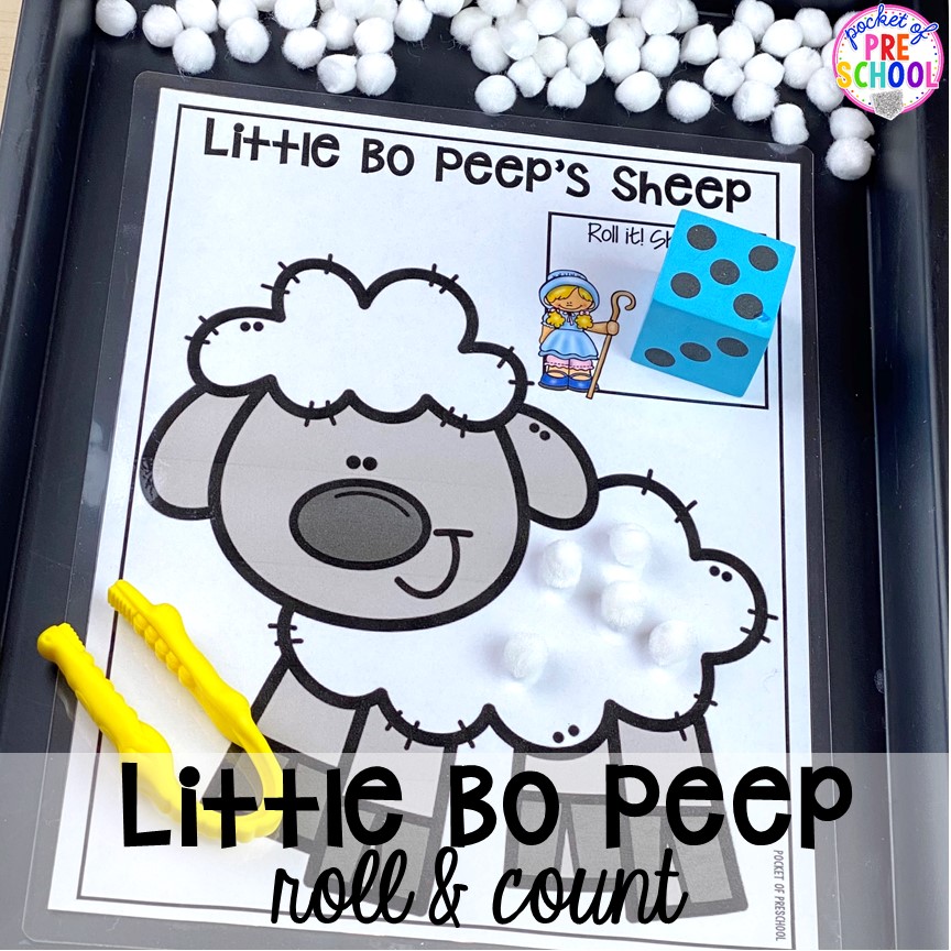 Little Bo Peep roll and count! ! Favorite Nursery Rhyme activities and centers for preschool, pre-k, and kindergarten. #nurseryrhymes #preschool #prek #kindergarten