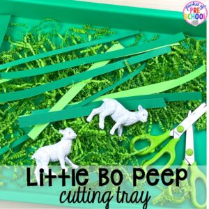Little Bo Peep cutting tray! Favorite Nursery Rhyme activities and centers for preschool, pre-k, and kindergarten. #nurseryrhymes #preschool #prek #kindergarten