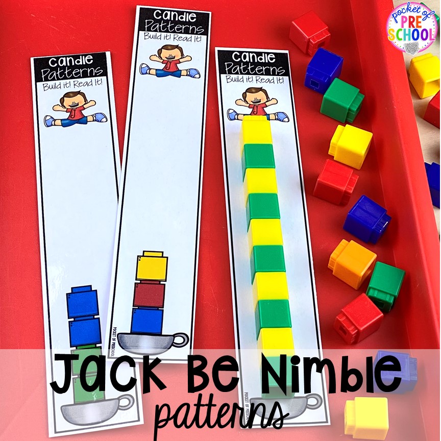 Jack Be Nimble patterns! Favorite Nursery Rhyme activities and centers for preschool, pre-k, and kindergarten. #nurseryrhymes #preschool #prek #kindergarten