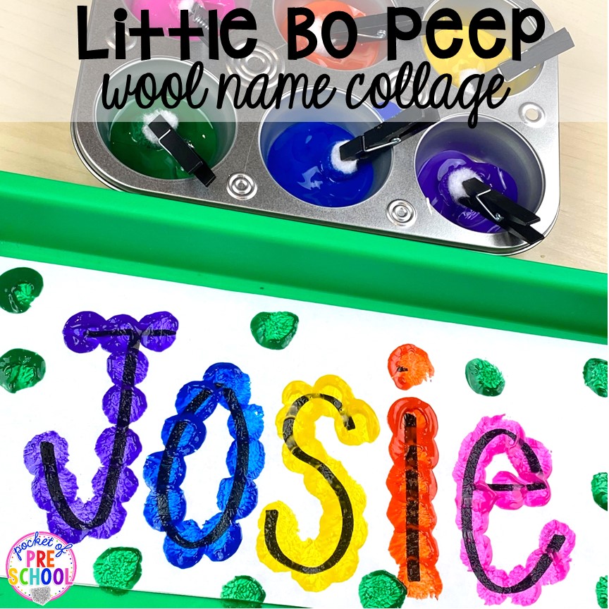 Little Bo Peep wool name art! Favorite Nursery Rhyme activities and centers for preschool, pre-k, and kindergarten. #nurseryrhymes #preschool #prek #kindergarten