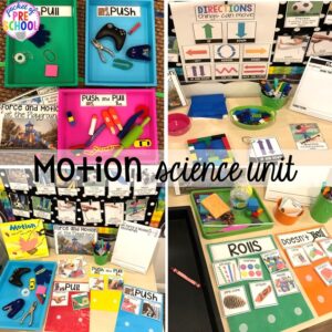 Motion science center! Explore items you can push and pull, roll or not roll, and make mazes to explore how objects can move. Designed for preschool, pre-k, and kindergarten.