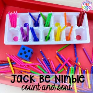 Jack Be Nimble candle count and sort! Favorite Nursery Rhyme activities and centers for preschool, pre-k, and kindergarten. #nurseryrhymes #preschool #prek #kindergarten