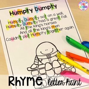 Nursery Rhyme letter hunt! Favorite Nursery Rhyme activities and centers for preschool, pre-k, and kindergarten. #nurseryrhymes #preschool #prek #kindergarten