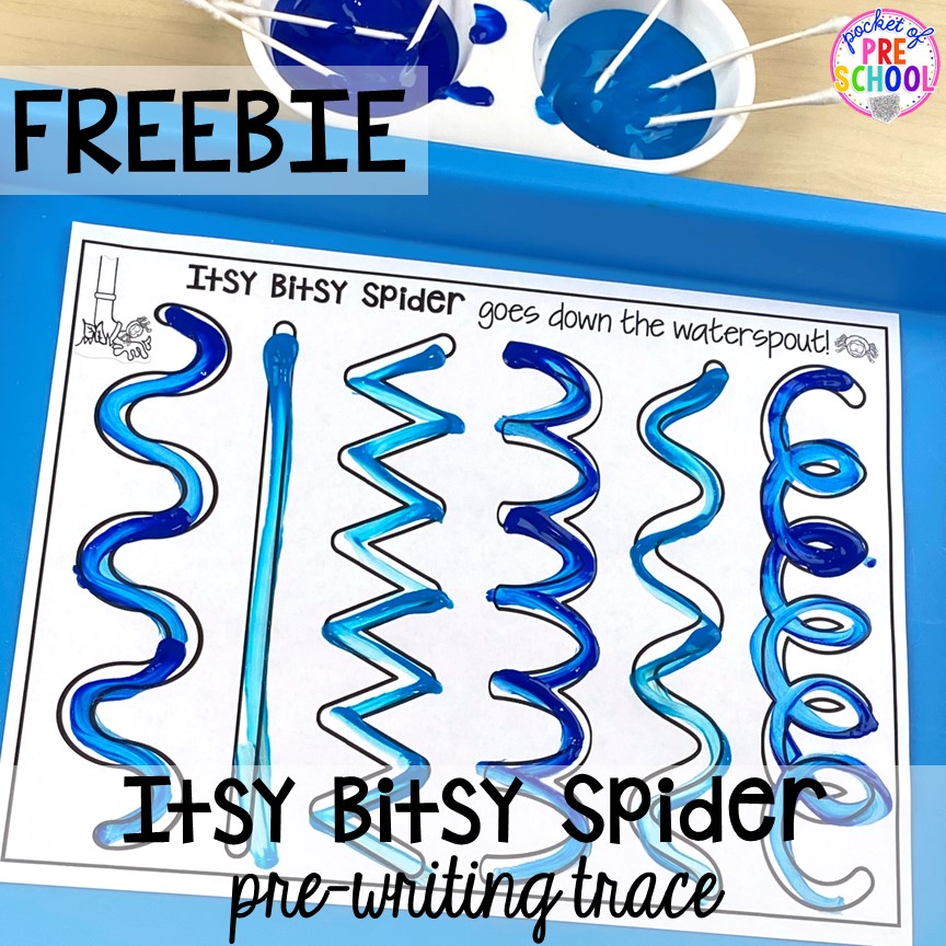 Itsy Bitsy Spiser pre-writing FREEBIE! Favorite Nursery Rhyme activities and centers for preschool, pre-k, and kindergarten. #nurseryrhymes #preschool #prek #kindergarten