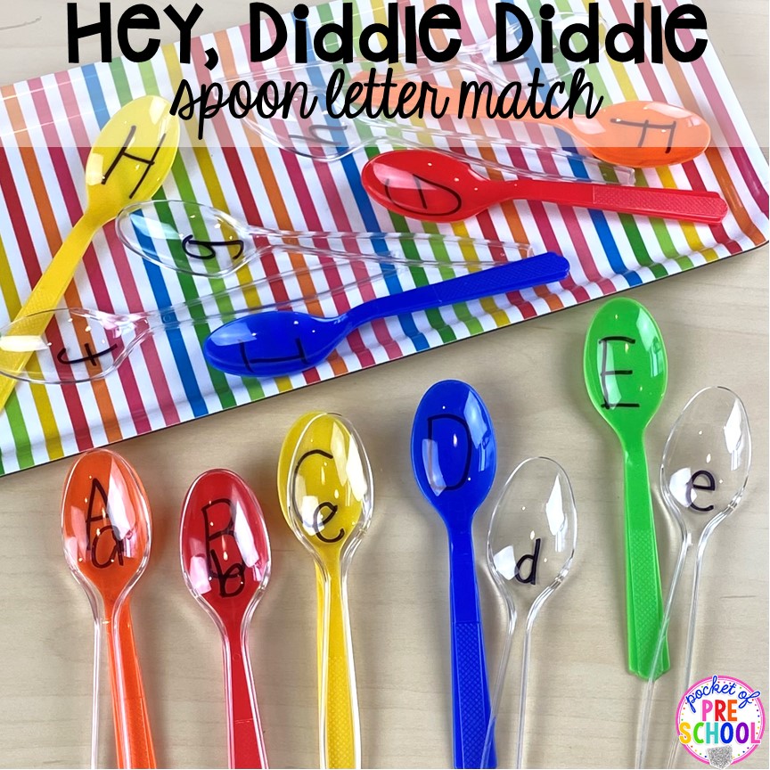Hey Diddle Diddle letter game! Favorite Nursery Rhyme activities and centers for preschool, pre-k, and kindergarten. #nurseryrhymes #preschool #prek #kindergarten