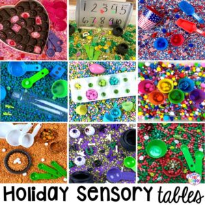 Holiday sensory tables for every holiday with various sensory fillers and sensory tools that incorperate math, literacy, and science into play. #sensorytable #sensorybin #sensoryplay #preschool #prek
