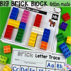 Duplo alphabet letter mats! Alphabet letter mats - build the letter and write it! Easy way to make learning letters and handwriting fun for preschool, pre-k, and kindergarten #letters #alaphabet #handwriting #preschool #prek #kindergarten