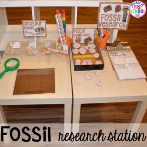 Fossil research station! ow to make a Dinosaur Dig Site in dramatic play and embed tons of math, literacy, and STEM into their play. Perfect for preschool, pre-k, and kindergarten. #preschool #prek #dinosaurtheme #dinodig #dramaticplay