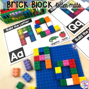 Lego alphabet letter mats! Alphabet letter mats - build the letter and write it! Easy way to make learning letters and handwriting fun for preschool, pre-k, and kindergarten #letters #alaphabet #handwriting #preschool #prek #kindergarten