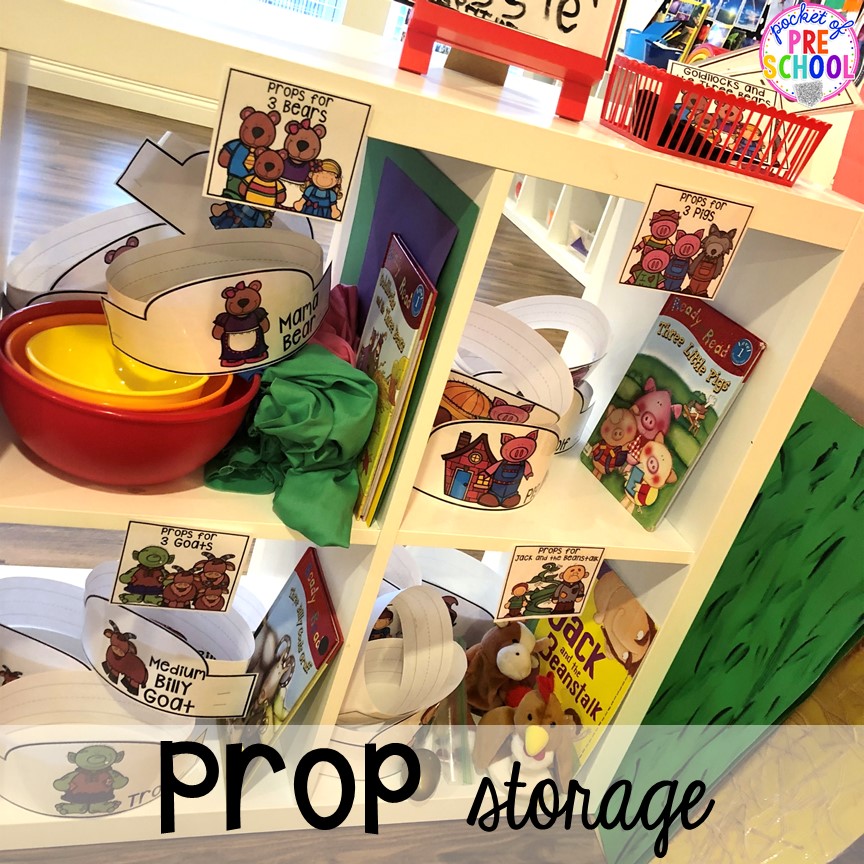 Prop storage! How to change the dramatic play center into a Fairy Tale Theater for a fairy tale theme or reading theme. #dramaticplay #pretendplay #preschool #prek #kindergarten 