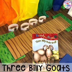 Act out the Three Bily Goats Gruff at the pretend theater in the dramatic play center! a fun way to retell a book through play. #dramaticplay #pretendplay #preschool #prek #kindergarten