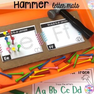 Hammer alphabet letter mats! Alphabet letter mats - build the letter and write it! Easy way to make learning letters and handwriting fun for preschool, pre-k, and kindergarten #letters #alaphabet #handwriting #preschool #prek #kindergarten