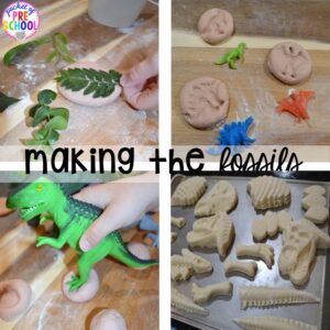 How to make your own fossils for play! ow to make a Dinosaur Dig Site in dramatic play and embed tons of math, literacy, and STEM into their play. Perfect for preschool, pre-k, and kindergarten. #preschool #prek #dinosaurtheme #dinodig #dramaticplay