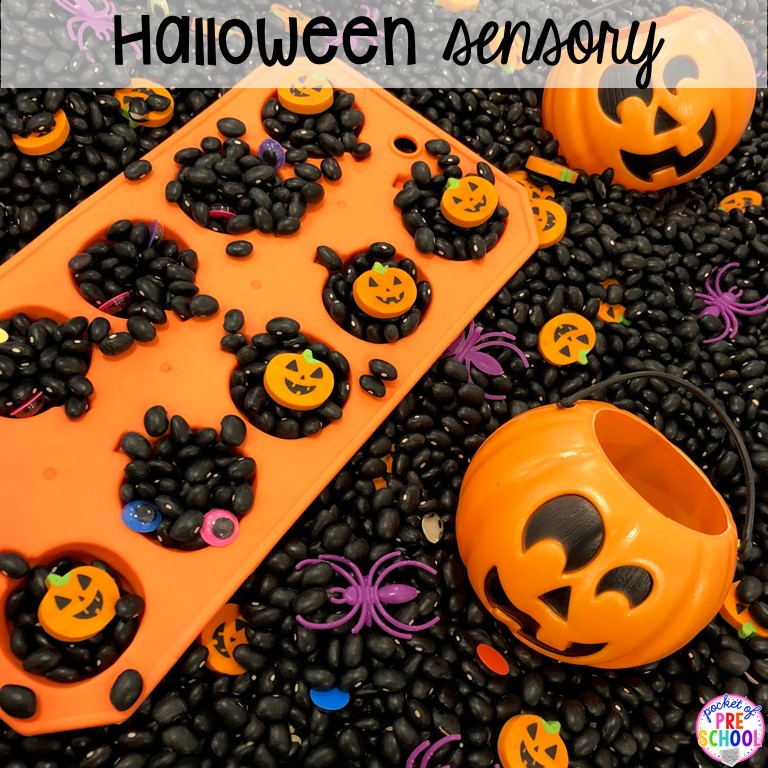Halloween sesnory table plus more sensory tables for every holiday with various sensory fillers and sensory tools that incorperate math, literacy, and science into play. #sensorytable #sensorybin #sensoryplay #preschool #prek
