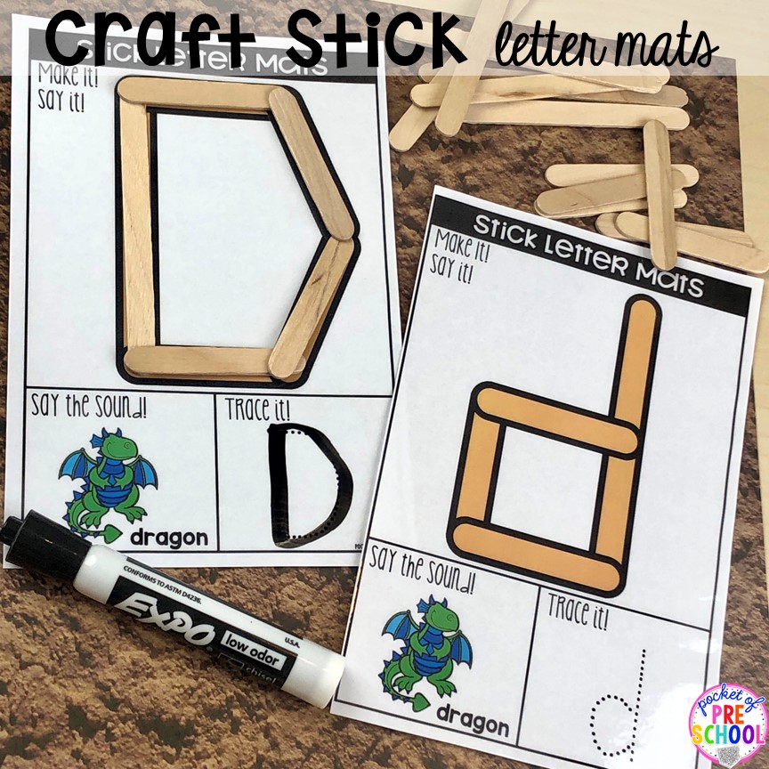 Craft stick alphabet letter mats! Alphabet letter mats - build the letter and write it! Easy way to make learning letters and handwriting fun for preschool, pre-k, and kindergarten #letters #alaphabet #handwriting #preschool #prek #kindergarten
