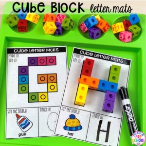 Cube block alphabet letter mats! Alphabet letter mats - build the letter and write it! Easy way to make learning letters and handwriting fun for preschool, pre-k, and kindergarten #letters #alaphabet #handwriting #preschool #prek #kindergarten