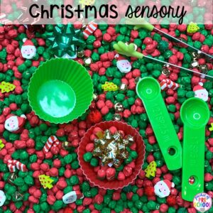 Christmas sesnory table plus more sensory tables for every holiday with various sensory fillers and sensory tools that incorperate math, literacy, and science into play. #sensorytable #sensorybin #sensoryplay #preschool #prek