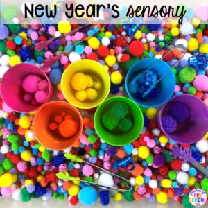 New year sensory table plus more sensory tables for every holiday with various sensory fillers and sensory tools that incorperate math, literacy, and science into play. #sensorytable #sensorybin #sensoryplay #preschool #prek