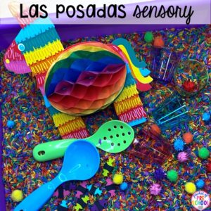 Las Posadas sesnory table plus more sensory tables for every holiday with various sensory fillers and sensory tools that incorperate math, literacy, and science into play. #sensorytable #sensorybin #sensoryplay #preschool #prek