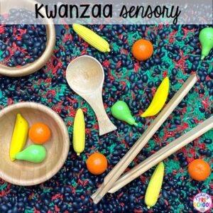 Kwanzaa sesnory table plus more sensory tables for every holiday with various sensory fillers and sensory tools that incorperate math, literacy, and science into play. #sensorytable #sensorybin #sensoryplay #preschool #prek