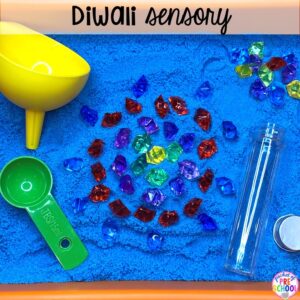 Diwali sesnory table plus more sensory tables for every holiday with various sensory fillers and sensory tools that incorperate math, literacy, and science into play. #sensorytable #sensorybin #sensoryplay #preschool #prek
