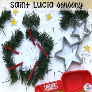 St. Lucia sesnory table plus more sensory tables for every holiday with various sensory fillers and sensory tools that incorperate math, literacy, and science into play. #sensorytable #sensorybin #sensoryplay #preschool #prek