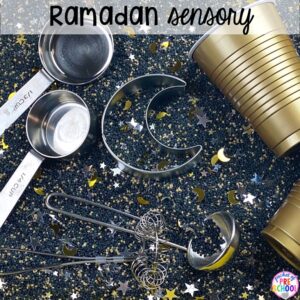 Ramadan sesnory table plus more sensory tables for every holiday with various sensory fillers and sensory tools that incorperate math, literacy, and science into play. #sensorytable #sensorybin #sensoryplay #preschool #prek