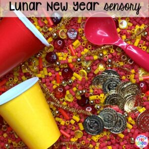 Lunar New Year sesnory table plus more sensory tables for every holiday with various sensory fillers and sensory tools that incorperate math, literacy, and science into play. #sensorytable #sensorybin #sensoryplay #preschool #prek