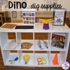 Dino dig supplies! ow to make a Dinosaur Dig Site in dramatic play and embed tons of math, literacy, and STEM into their play. Perfect for preschool, pre-k, and kindergarten. #preschool #prek #dinosaurtheme #dinodig #dramaticplay
