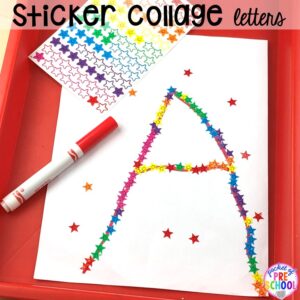 sticker collage alphabet letter mats! Alphabet letter mats - build the letter and write it! Easy way to make learning letters and handwriting fun for preschool, pre-k, and kindergarten #letters #alaphabet #handwriting #preschool #prek #kindergarten