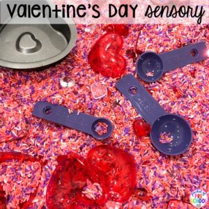 Valentine's Day sesnory table plus more sensory tables for every holiday with various sensory fillers and sensory tools that incorperate math, literacy, and science into play. #sensorytable #sensorybin #sensoryplay #preschool #prek