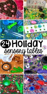 Holiday sensory tables for every holiday with various sensory fillers and sensory tools that incorperate math, literacy, and science into play. #sensorytable #sensorybin #sensoryplay #preschool #prek