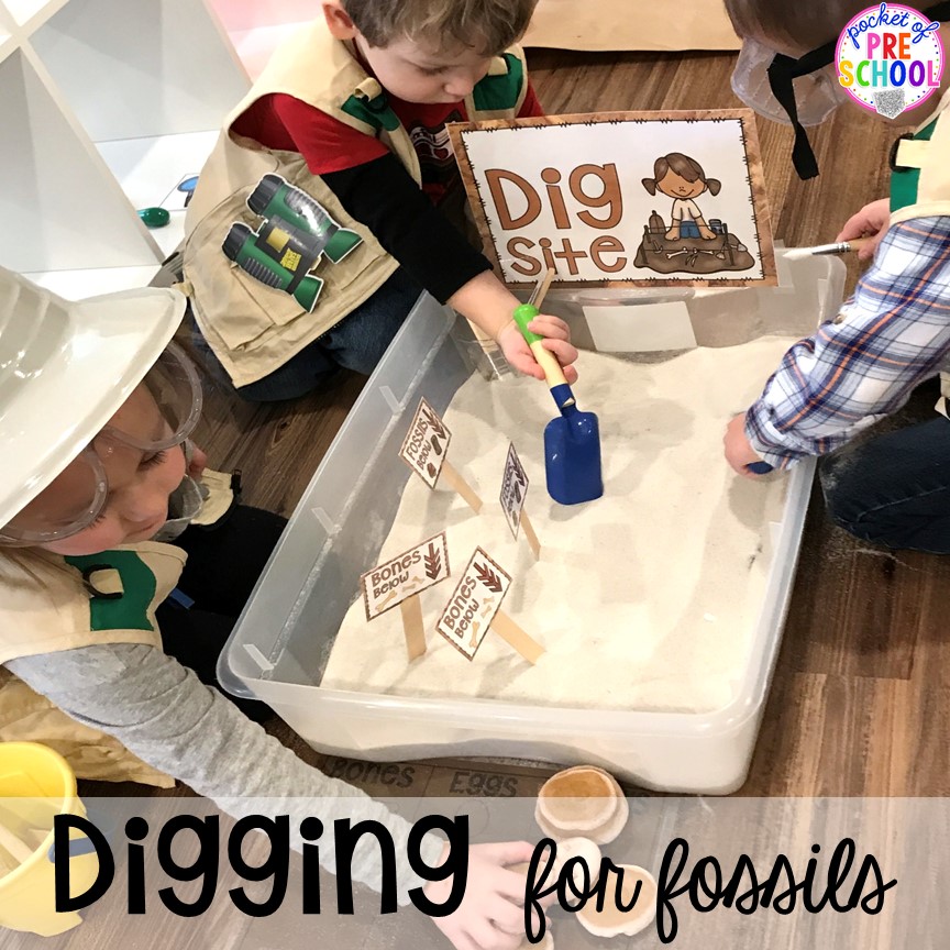 Digging for fossils! ow to make a Dinosaur Dig Site in dramatic play and embed tons of math, literacy, and STEM into their play. Perfect for preschool, pre-k, and kindergarten. #preschool #prek #dinosaurtheme #dinodig #dramaticplay