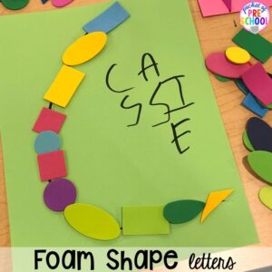 Foam shape alphabet letter mats! Alphabet letter mats - build the letter and write it! Easy way to make learning letters and handwriting fun for preschool, pre-k, and kindergarten #letters #alaphabet #handwriting #preschool #prek #kindergarten