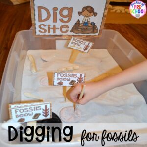 Digging for fossils! ow to make a Dinosaur Dig Site in dramatic play and embed tons of math, literacy, and STEM into their play. Perfect for preschool, pre-k, and kindergarten. #preschool #prek #dinosaurtheme #dinodig #dramaticplay